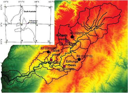 Figure 1. Study area and locations of the sub-catchments and rainfall and streamflow stations.