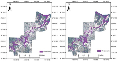 Figure 16. Queensland flood extents delineated using thresholding of the TM4 image (left), and using the wetness transformation approach (right).