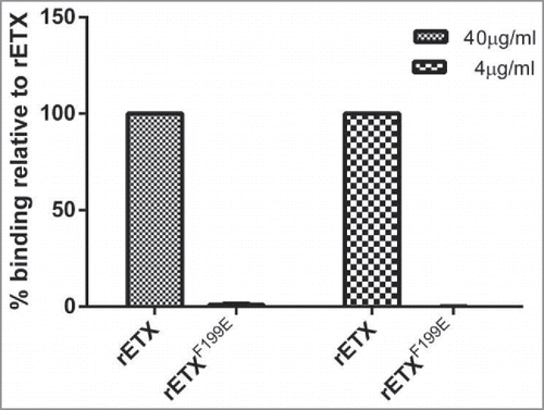 Figure 3. Binding of the recombinant toxins to MDCK cells. MDCK cells were mixed with 100 μl of toxins (4 μg/mL or 40 μg/mL). Mouse anti-His monoclonal antibody (1:500) and FITC conjugated goat anti-mouse IgG (1:200) was used to detect the bound protein. Values are mean ± SD, n = 3.