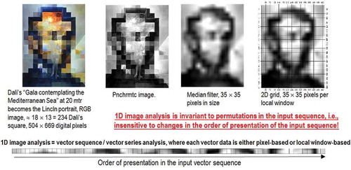 Figure 15. Example of 1D image analysis. Synonym of 1D analysis of a 2D gridded dataset, it is affected by spatial data dimensionality reduction. The (2D) image at left is transformed into the 1D vector data stream shown at bottom, where vector data are either pixel-based or spatial context-sensitive, e.g., local window-based. This 1D vector data stream, either pixel-based or local window-based, means nothing to a human photointerpreter. When it is input to a traditional inductive data learning classifier, this 1D vector data stream is what the inductive classifier actually sees when watching the (2D) image at left. Undoubtedly, computers are more successful than humans in 1D image analysis, invariant to permutations in the input vector data sequence, such as in orderless pooling encoders (Cimpoi et al., Citation2014). Nonetheless, humans are still far more successful than computers in 2D image analysis, synonym of spatial topology-preserving (retinotopic) image analysis (Tsotsos, Citation1990), sensitive to permutations in the input vector data sequence, such as in order-sensitive pooling encoders (Cimpoi et al., Citation2014).