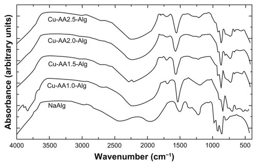Figure 6 Fourier transform infrared spectroscopy spectra of NaAlg and stabilized copper nanoparticles.