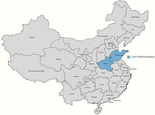 Figure 1. Shandong and Henan provinces in China (blue) show evidence of LayV infection in humans.
