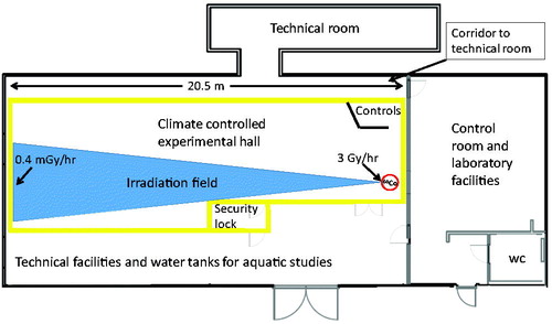 Figure 1. The NMBU FIGARO gamma irradiation facility. The 60Co irradiation source (red circle) is at the front end of a climate controlled experimental hall (shown in yellow).