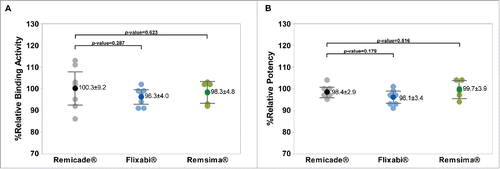 Figure 5. Fab-related TNF-α binding and TNF-α neutralization activities of Remicade®, Flixabi®, and Remsima®. (A) Percentage of relative binding activity assessed by fluorescence resonance energy transfer. (B) Percentage of relative potency measured by a luciferase reporter gene assay. Light color dots: Individual data; Dark color dots: Mean data with mean value and standard deviation; Bar: 95% confidence interval of mean.