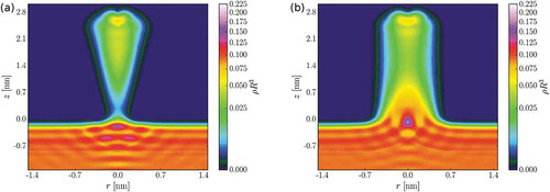 Figure 2. The ensemble averaged density profile ρ(r) of water, modelled as a square-well fluid, in two geometrical configurations of an ion channel following the geometry of KcsA [Citation66] treated by a 3d DFT calculation. In the narrow gate geometry a bubble forms in the gate and blocks ions from diffusing through the channel, while a sufficiently wide gate allows water in the gate that, in turn, enables ions to follow their electro-chemical gradient. Figures are adapted from Ref [Citation82].