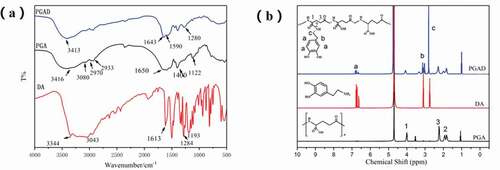 Figure 2. The FT-IR spectra analysis of DA, PGA and PGAD(a), 1H NMR spectra of DA, PGA and PGAD (b)