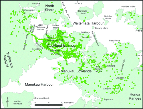 Figure 2  Map of the Auckland region showing boreholes used in this study (green circles) and place names referred to in the text.