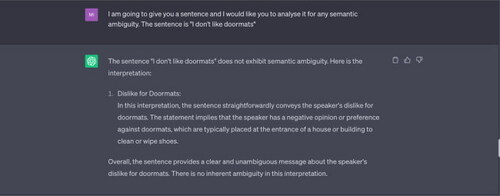 Example 1 “I don’t like doormats.”Source: Tested on ChatGPT on 17 May 2023.Note: ChatGPT offers only one interpretation of this sentence, treating “doormats” as meaning a mat typically placed near a door/entrance. It does not consider the alternative meaning, which refers to a submissive or unassertive person. The speaker might be declaring their dislike of meek or submissive people, rather than a mat placed near a door.