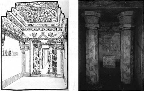 Figure 10. Two octagonal stone columns painted with images of wrapped dragons in the passageway between the front and back rooms of the Goguryeo Ssang-Yeongchong (twin-column tomb). Discovered in 1913 in Nampo, South Pyongan Province, Korea. Built in the second half of the fifth century. Left: Perspective line drawing of the tomb room. Right: photograph of the tomb room.