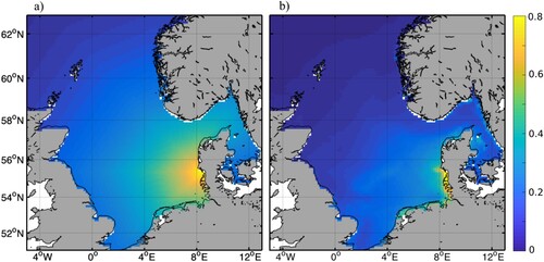 Figure 3. Map of background error covariance estimates at a single example timestep between Esbjerg and other model points. Panel (a) shows covariances for the parametric covariance model before the adaptive localisation step and (b) shows covariances after the adaptive localisation step. Both show the covariance model when calculating point-pair distances using a shortest path method.