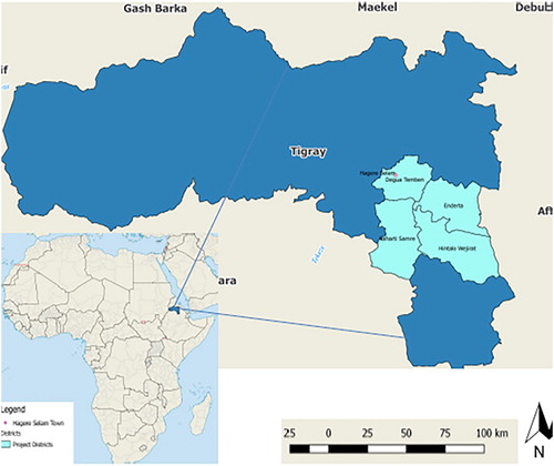 Figure 1. Map of Tigray Region, Ethiopia, study areas highlighted in light blue.