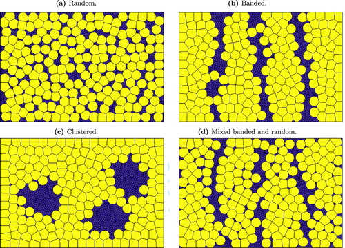 Figure 4. Examples of more advanced microstructures: Coupling of size and spatial distributions with Algorithm 2. This figure shows the output of Algorithm 2 after K=20 iterations with different initial distributions for the seed locations. In all cases there are n=1000 grains with n1=800 grains of size x and n2=200 grains of size 20x . (a) Random distribution of initial locations. Here the initial generator locations of the large and small grains are uniformly distributed over Ω. (b) Banded distribution of initial locations. Here, the different sized grains have initial generator locations that lie inside bands within Ω. The sizes of the bands have been chosen so that there are approximately equal numbers of small grains within each small-grain band and approximately equal numbers of large grains within each large-grain band. (c) Clustered distribution of initial locations. Here, the smaller grains have initial generator locations that lie inside non-overlapping discs. (d) A mixed distribution: the initial generators are such that the larger grains are arranged in bands and the smaller grains are a combination of the banded and random distributions.