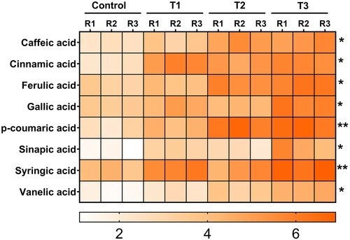 Figure 2. Effect of B. subtilis IAGS174 in quantities of different phenolic acids in tomato plants after F. oxysporum inoculation. Change in quantities of different bound phenolic acids was observed in the leaves of the tomato plants inoculated with bacterial inducer and Fusarium wilt pathogen. GC/MS analysis was performed after five days of pathogen application. Control = Non-treated control plants; T1= Bacterial inducer; T2= Pathogen control; T3= Bacterial inducer + pathogen. (*)= P>0.05; (**)= P>0.01 as governed by ANOVA.