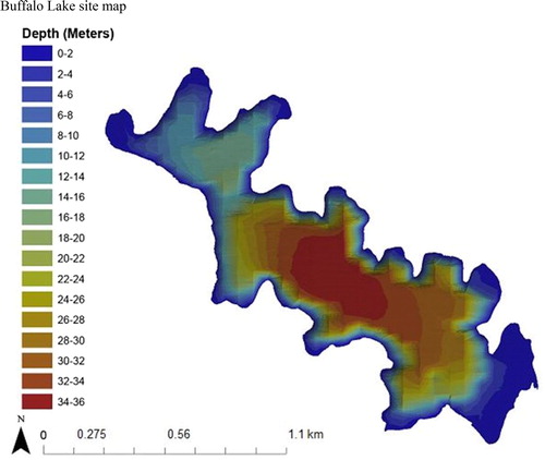 Figure 1. 2015 Bathymetric map of Buffalo Lake located in north-central Washington State, managed by the Confederated Tribes of the Colville Reservation. The lake is characterized as a deep, cold oligotrophic lake with a surface area of 225 ha, average annual total phosphorus 0.027 mg/L, average pH 8.1, average summer water temperature <10 C, and Zmax of about 33–38 m. The lake’s variable maximum depth is attributed to the closed, 54.4 km2 basin draining occupied by Buffalo Lake. With no surface outlet and only ephemeral inputs, the lake level is extremely vulnerable to changes in year-to-year precipitation patterns. The annual variability in lake level also has a profound effect on littoral habitat availability throughout the lake, as is evident through its bathymetry. In low-water years, the steep drop-offs from the littoral to pelagic zones become more pronounced, limiting total littoral area. In high-water years, littoral shelves in the lake’s numerous coves become inundated and can even flood riparian vegetation for months. The large littoral shelf in the southern end of the lake contains most of lake’s macrophyte production, consisting of soft mud substrate that crayfish largely avoid. Littoral zone habitat throughout the rest of the lake is dominated by sand, small–large cobble, and bedrock substrates where crayfish abundances have been observed to be highest.