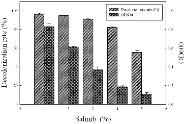 Figure 5. Effect of salinity on the dye decolourization of strain Y3. The strain was anaerobically cultured in MSM synthetic medium containing 100 mg/L Methyl Red at 37 °C at pH 7.0 for 16 h. All assays were done in triplicate.
