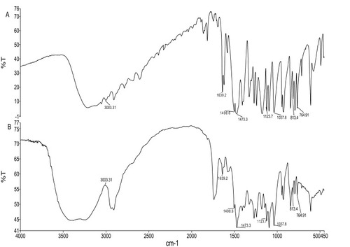 Figure 2 FTIR spectra of (A) Sesamol and (B) PLGA + PVA + Sesamol physical mixture.