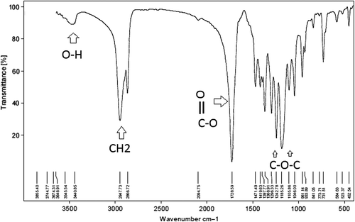 Figure 5. Fourier transform infrared spectra (FTIR) of poly (ε-caprolactone)-poly (ethylene glycol)-poly (ε-caprolactone).