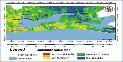 Figure 13. Groundwater suitability index map of area around the Lagos Lagoon