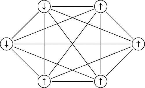 Figure 5. A graphical representation of the Curie-Weiss network. The nodes (circles) refer to the upward “↑” and downward “↓” orientation of particles and each particle interacts with each other particle (solid lines).