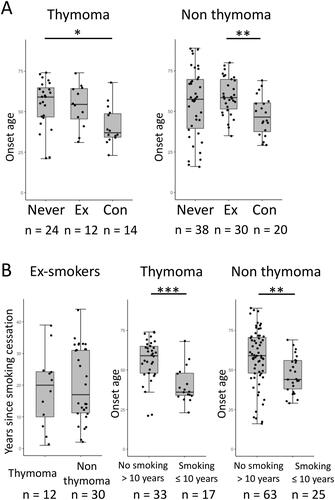 Figure 4. Subgroup analysis stratified by presence or absence of thymoma. (A) Age at onset of MG between never smokers (Never), ex-smokers (Ex), and concurrent smokers (Con). *p < 0.05, **p < 0.01 Kruskal–Wallis test followed by Bonferroni’s multiple comparison test. (B) The interval between smoking cessation and the onset of MG (left panel). Age at onset of MG in patients with no smoking history for more than 10 years before the onset of MG (No smoking > 10 years) and those with smoking exposure within the 10 years prior to or at the onset of MG (Smoking ≤ 10 years) (middle and right panels). The number of subjects in each subgroup is shown below figures. ** p < 0.01, ***p < 0.001 Wilcoxon rank sum test.