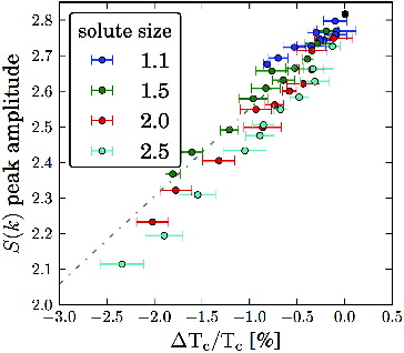 Figure 7. Amplitude of the first peak of the static structure factor S(k) of the solvent upon insertion of solvophilic solutes of various size at different concentration, at the coexistence temperature of the pure system as a function of ΔT c . The reference point of the pure system is a black circle. The fit (dashed grey line) has a Pearson correlation coefficient of 0.95, which indicates a solid linear dependence.