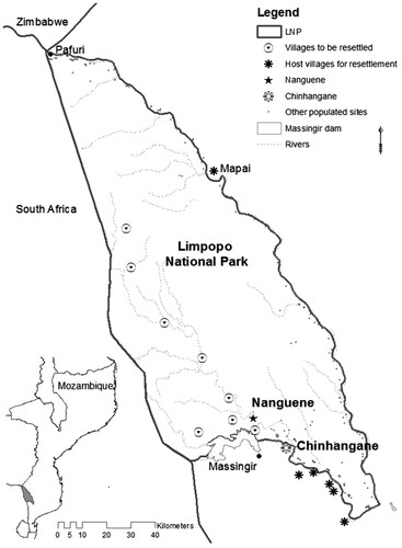 Figure 1. The Limpopo National Park, in Mozambique, borders Kruger National Park in South Africa. The original location of the first village resettled (Nanguene) and its post-resettlement location next to the host village of Chinhangane are indicated. Eight other villages located along the Shingwedzi River in the center of the LNP were slated for resettlement to areas outside the park boundaries. (Map credit: author)