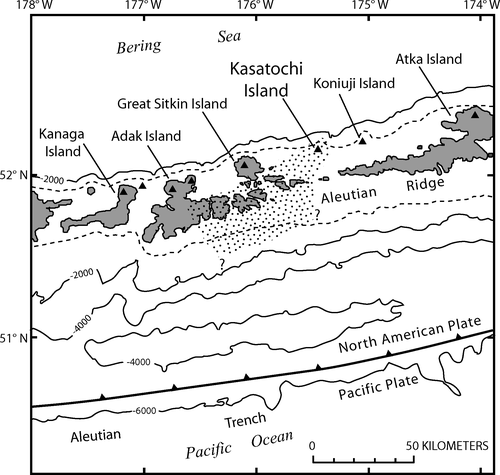 Figure 1 Kasatochi Island lies on the north edge of the Aleutian Ridge, the summit of which lies within the dashed lines. Water depths on the ridge summit are typically less than 200 m. Triangles are volcanoes of Quaternary age; older rocks form much of the island area to the south. Approximate extent of tephra fallout from the 2008 Kasatochi eruption is stippled; extent south into the Pacific Ocean is poorly known. Isobaths in meters.