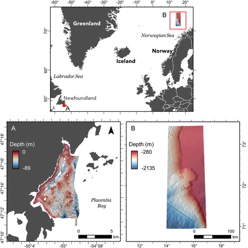 Figure 1. Locations of study sites at (A) D’Argent Bay, Newfoundland and Labrador, Canada, and (B) the Bjørnøya slide and surrounding area on the Norwegian continental margin. Source: Author, country borders were obtained from the ESRI Countries WGS84 layer.