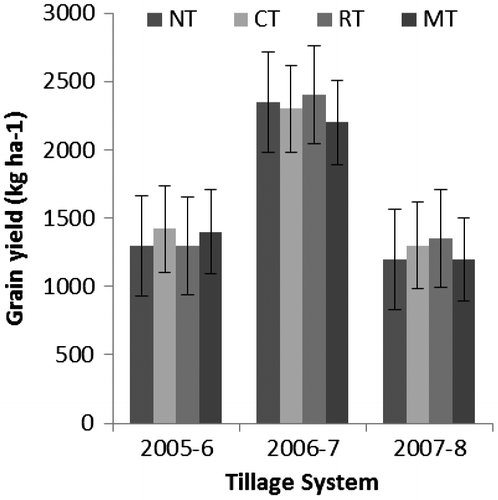 Figure 4. Grain yield as affected by tillage system and years 2005–2008 wheat-growing season.