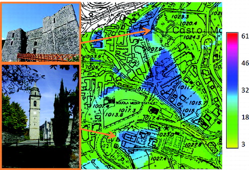 Figure13. Map of the average percentages of rising of groundwater level (relative to the analysed rainfall event occurred during November 2007) and images of structural damage in the castle and the leaning bell tower, as a result of ground displacements.