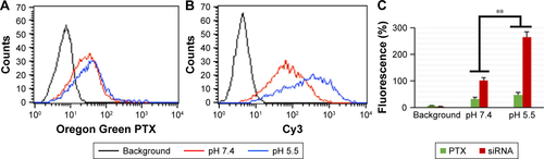 Figure S4 Cellular uptake of PEI-PLA/PTX/siRNA/PEG-PAsp nanoparticles at pH 7.4 (red profile) or pH 5.5 (blue profile) detected by flow cytometry analysis of A549 cells. (A) Oregon Green PTX channel; (B) Cy3-siRNA channel; (C) mean fluorescence intensity in the calculated cells (n=3), **p<0.05.Abbreviations: PEI-PLA, polyethyleneimine-block-polylactic acid; PTX, paclitaxel; PEG-PAsp, poly(ethylene glycol)-block-poly(L-aspartic acid sodium salt).