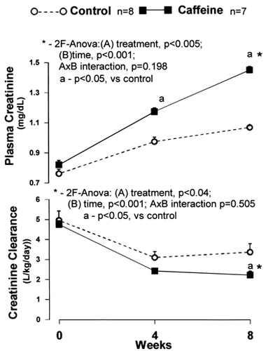 Figure 3. Plasma creatinine and creatinine clearance in adult, obese ZSF1 rats treated with caffeine for 8 weeks.