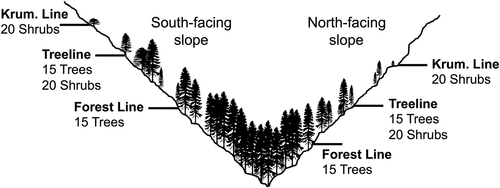 Figure 2. Schematic diagram illustrating sampling locations at each of the six sites shown in Figure 1. Note that there were four sampling locations for each species at each site (two aspects × two elevations), resulting in four chronologies of each species at each site