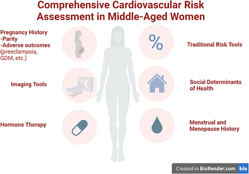 Figure 1 Comprehensive Cardiovascular Risk Assessment in Middle-Aged Women. (Figure was created with Biorender.com).