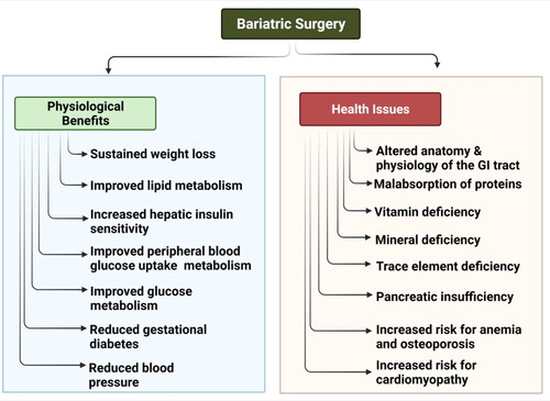 Figure 1. Physiological benefits and health issues associated with bariatric surgery. Patients display sustained weight loss, improved lipid and glucose metabolisms, better hepatic insulin sensitivity, and reduced risk for gestational diabetes mellitus and hypertension post-bariatric surgery. However, bariatric surgery significantly alters the anatomical and physiological features of the gastrointestinal tract, leading to various micro-and-macronutrient deficiencies. Therefore, bariatric patients are more vulnerable to nutritional deficiency disorders such as anemia, bone disorders, and cardiomyopathy.