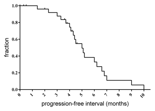 Figure 1. Progression-free interval. Progression-free interval was determined for the 27 lymphoma patients receiving the HCQ and DOX combination. Median time to progression was 4.9 mo.