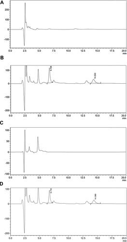 Figure 2 (A) Blank brain samples; (B) catalpol and the internal standard in brain samples; (C) blank plasma; (D) catalpol and the internal standard in blank plasma.