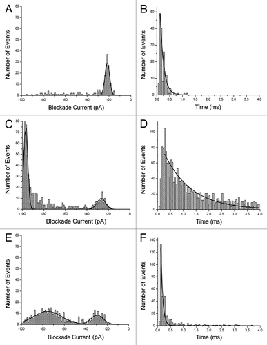 Figure 2. Event histograms for Aβ peptides. Blockade current and blockade time histograms for Aβ1−42 (A) and (B), Αβ1–40 (C) and (D), and mutant Aβ1–40 D23N (E) and (F). Stock solutions of peptides (rPeptide, Bogart GA) were dissolved in 50% TFE at 1 mg/ml and 10 μL was added to the cis-side of the nanopore chamber which contained 1 M KCl, 10 mM HEPES, pH 7.8. The applied voltage was 100 mV. Further details of the experimental set up have been described previously.Citation12,Citation20-Citation22 (See also Supplementary Information).