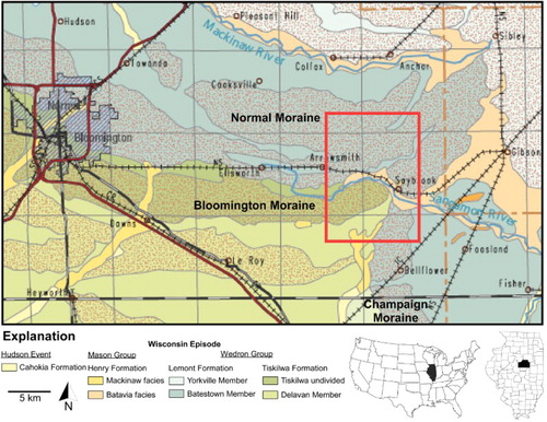 Figure 1. Surficial geology of eastern McLean County, including the Saybrook Quadrangle, which is outlined in red (modified from CitationStiff, 2000). Red stippled pattern delineates end moraines. The moraines found in the Saybrook quadrangle (Bloomington, Champaign, and Normal) are labeled.