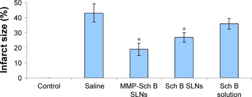Figure 8 In vivo effects of Sch B loaded SLNs and Sch B solution on infarct size evaluated in the myocardial infarction rat models.Note: *P<0.05.Abbreviations: MMP, matrix metalloproteinase; Sch B, schisandrin B; SLNs, solid lipid nanoparticles.