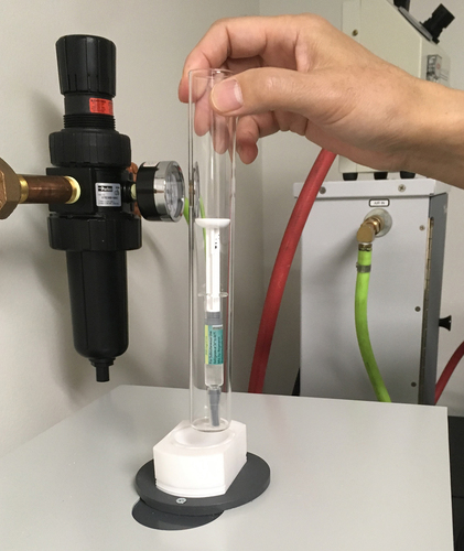 Figure 1. Illustration of a Dupixent® syringe before being inserted into the VT-NMR probe for analysis at 5°C. wNMR can collect data on sealed intact products (in situ) without any sample preparation procedures eliminating all errors associated with sample preparation.