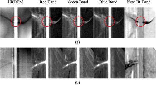 Figure 2. Examples of 5-band samples, where (a) is the true sample and (b) is false sample. The red circles point to the locations of drainage crossings.