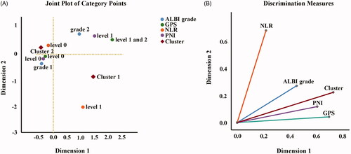 Figure 3. Two-dimensional joint plot of category points (A) and discrimination measure plot (B) were generated using multiple correspondence analysis (MCA). ALBI: albumin–bilirubin; GPS: Glasgow prognostic score; NLR: neutrophil-to-lymphocyte ratio; PNI: prognostic nutritional index. MCA, a principal component analysis technique, can capture the relative associations among categorical variables by generating coordinate points in a high-dimensional space. MCA provides multiple dimensional solutions as outputs. Therefore, an ideal dimensional solution should be determined to simply and effectively describe the relationship between the categorical variables. The most optimal dimensional solution is identified based on the following principle: the largest total variance explained by the lowest dimensional solution. In our study, the outputs of MCA showed that dimensions 1, 2, 3, and 4 accounted for 53.6%, 27.3%, 10.4%, and 7.7% of the total variance, and the corresponding eigenvalues were 2.678, 1.365, 0.518, and 0.387, respectively. Therefore, a two-dimensional solution is adopted because dimensions 1 and 2 together explain 80.9% of the total variation.