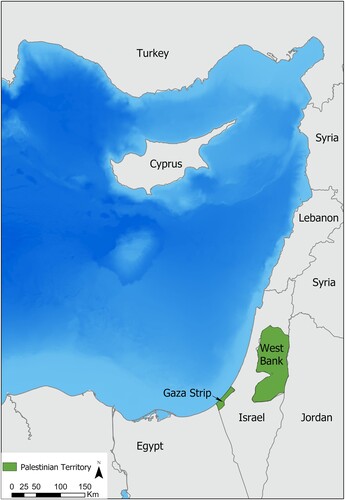 Figure 1. Map showing the location of the Gaza Strip in the Eastern Mediterranean (produced on ArcGIS Pro).