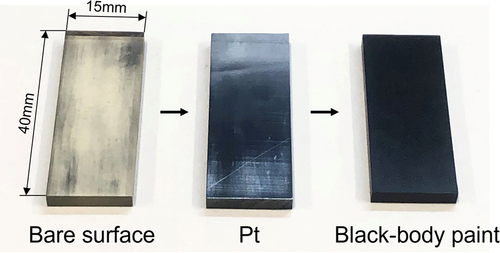 Figure 8. Surface preparation of the sample for each step before the measurement. Pt layer was coated on the bare surface of the epoxy resin. Pt layer was applied only on the laser heating side to reduce the laser transmission. Black-body paint was applied on Pt layer to improve the absorptivity and emissivity. For camera-side sample surface, black-body paint directly on the bare surface.