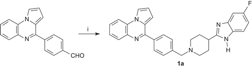 Scheme 1.  Synthesis of 5-fluoro-2-{1-[4-(pyrrolo[1,2-a]quinoxalin-1-yl)benzyl]piperidin-4-yl}-1H-benzimidazole (1a). Reagents and conditions: (i) 4-(5-fluorobenzimidazolin-2-yl)piperidine, NaBH3CN, MeOH, Δ.