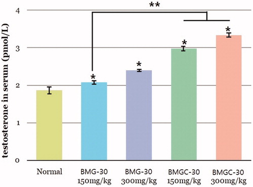 Figure 1. Testosterone levels in the goji berry treatment groups and control group. Data are expressed as means. *Statistical significance in comparison with control group. **Statistical significance in comparison with goji berry 150 mg/kg group. (BMG-30 = goji berry, BMGC-30 = goji berry complex).