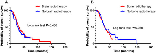 Figure 4 Effect of brain radiotherapy on overall survival (OS) in patients with brain metastasis (A). Effect of bone radiotherapy on overall survival (OS) in patients with bone metastasis (B).