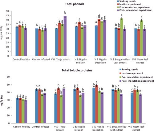 Figure 4. The effectiveness of medical plant extracts on estimation of physiological changes (total soluble protein and total phenols) of watermelon cultivar (Charleston Gray No.B3 USA) in the presence Zucchini yellow mosaic virus under greenhouse condition.