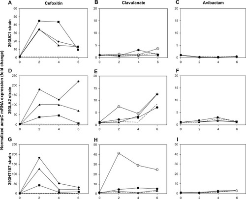 Figure 2 (A–I) Potential for ampC induction of cefoxitin, clavulanate, and avibactam. Enterobacter cloacae strains 293UC1 (A–C), 293LA2 (D–F), and 293HT107 (G–I) were incubated with cefoxitin (A, D and G), clavulanate (B, E and H), or avibactam (C, F and I). Inducers were used at various concentrations: 8 mg/L (squares), 16 mg/L (triangles), 32 mg/L (filled circles), or 64 mg/L (open circles); control cultures are shown with dashed lines. ampC messenger ribonucleic acids were quantified by real-time polymerase chain reaction after 2, 4, and 6 hours of culture.